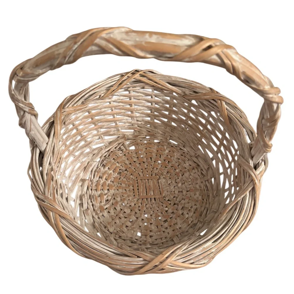 Hand Woven Gathering Basket Handcrafted Whitewashed Farmhouse Cottage Home Decor